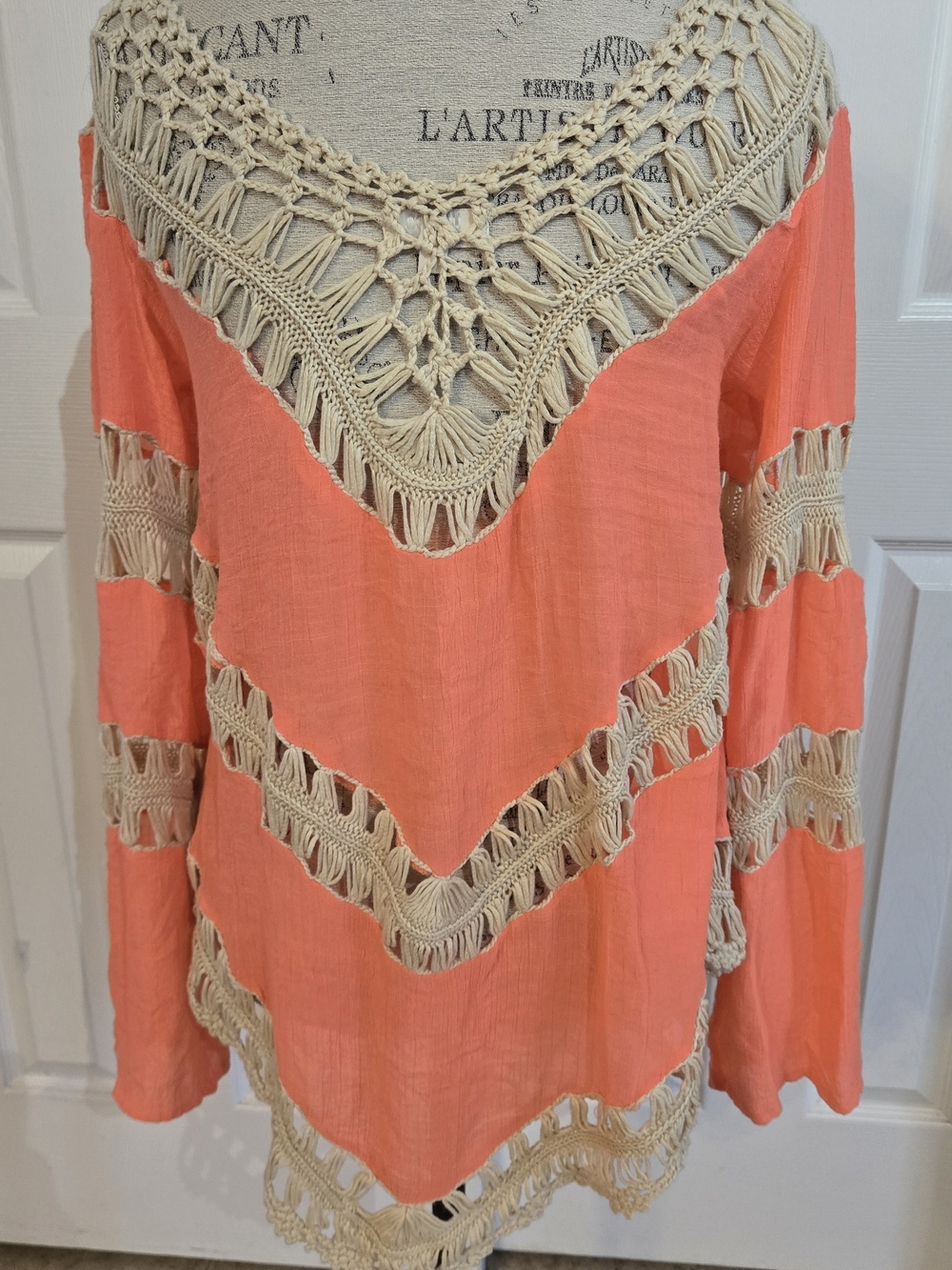 Umgee Coral Pink Crochet Trim Long Sleeve Top - Picture 2 of 3